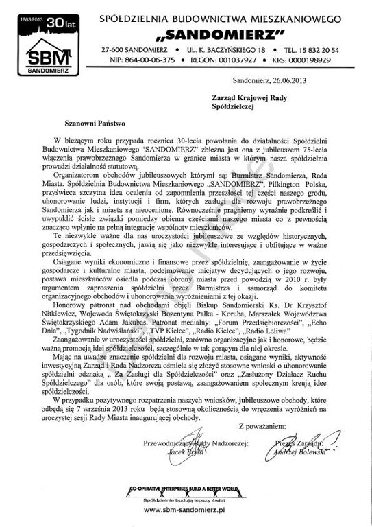 pismo do Krajowej Rady Spoldzielczej